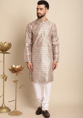 Beige Printed Silk Kurta Set For Men