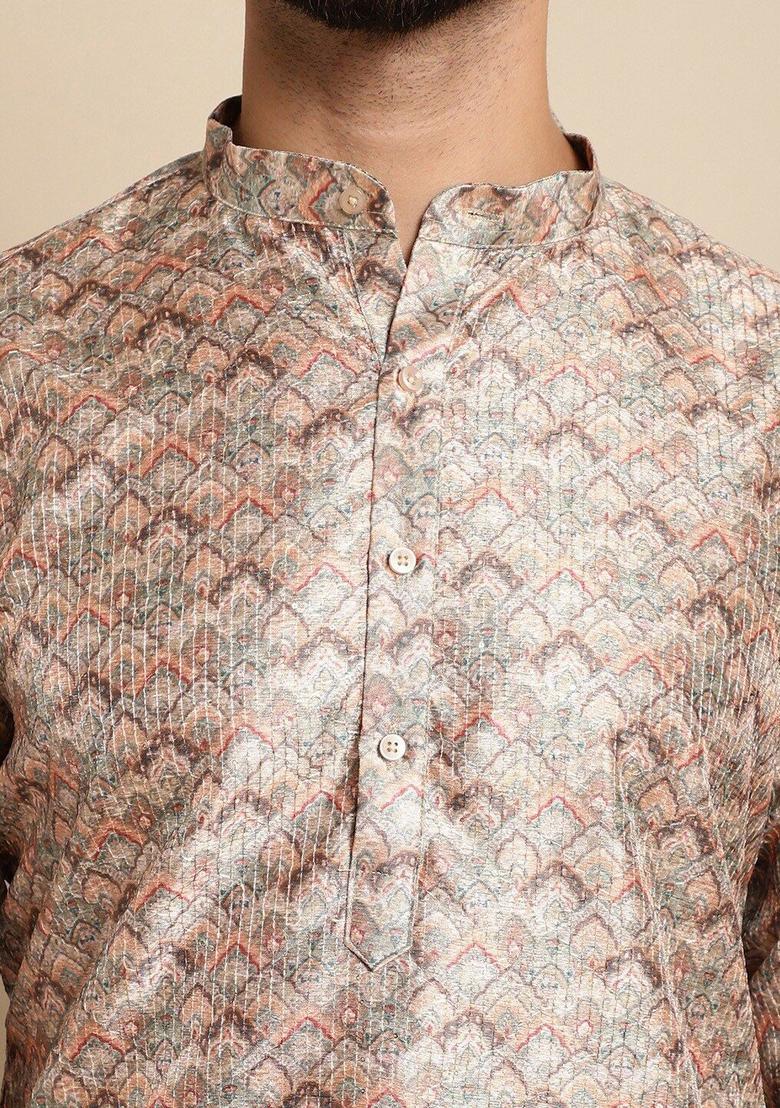 Beige Printed Silk Kurta Set For Men - Indya