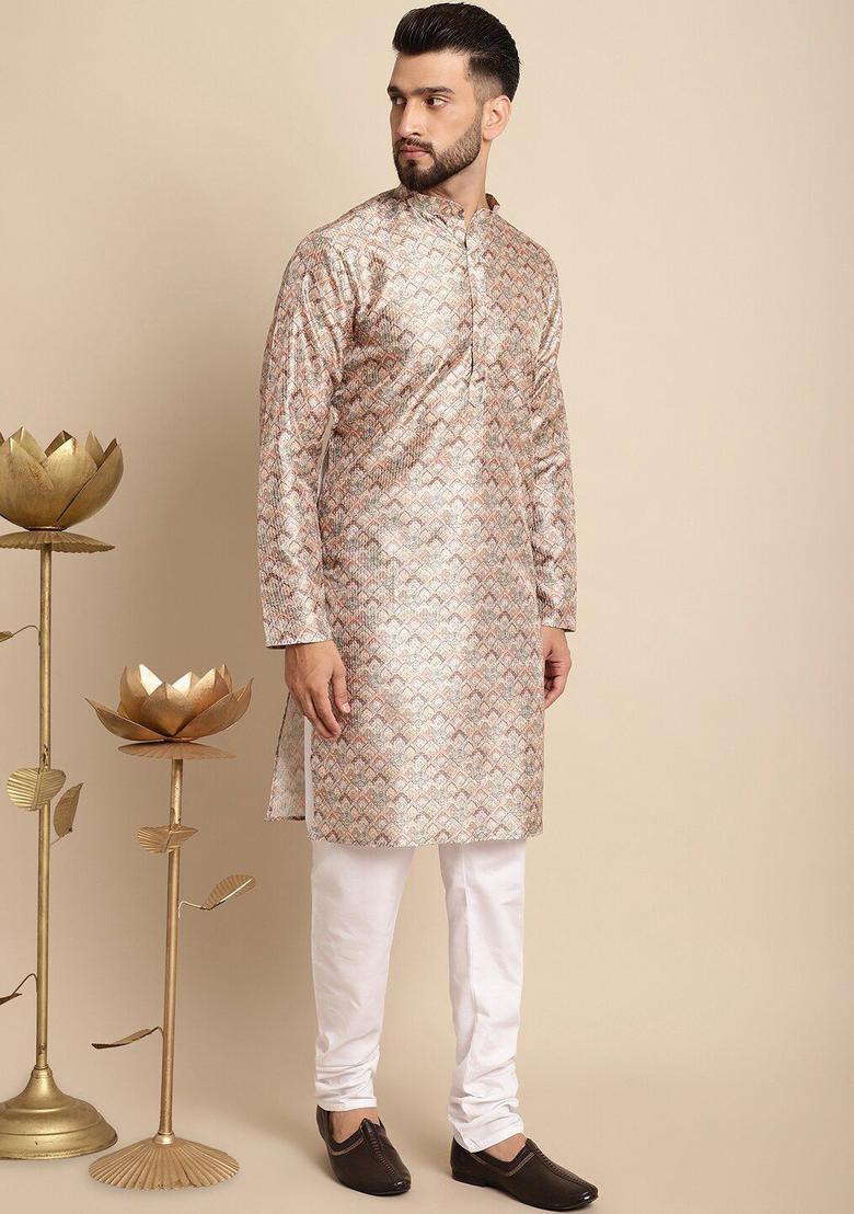 Beige Printed Silk Kurta Set For Men - Indya