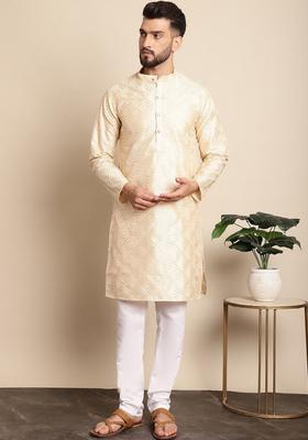 Beige Embroidered Silk Kurta Set For Men
