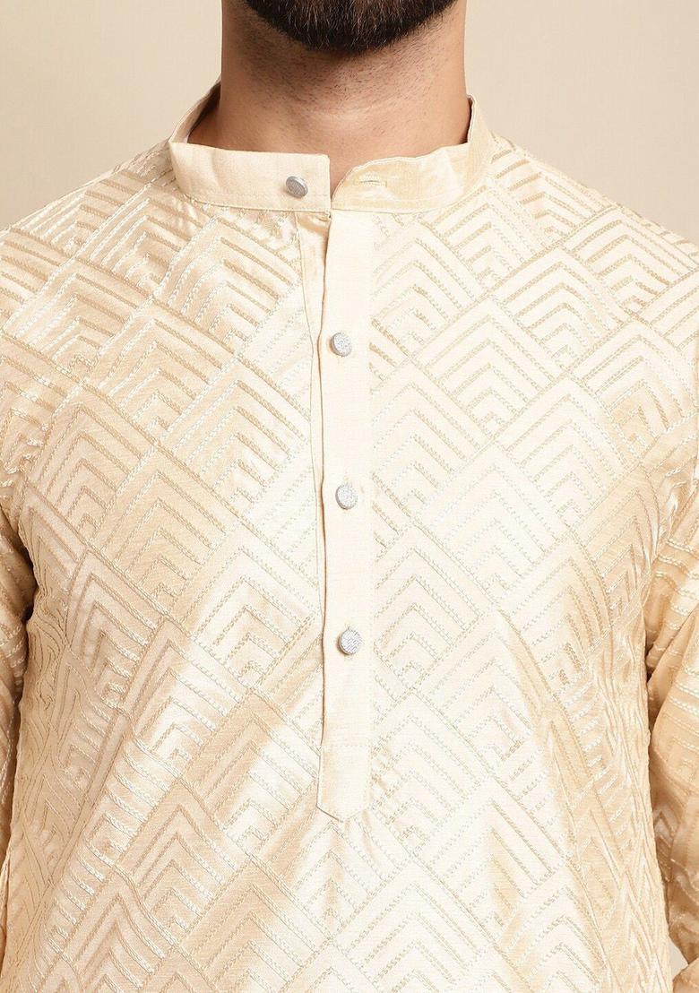 Beige Embroidered Silk Kurta Set For Men - Indya