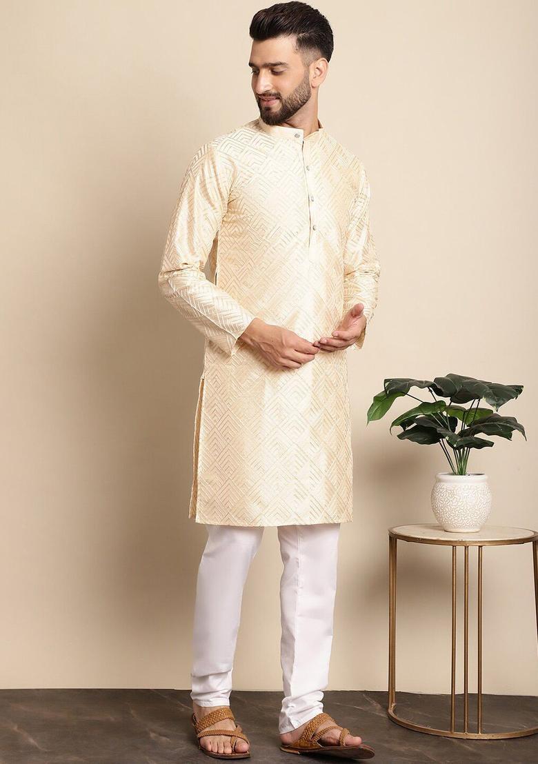 Beige Embroidered Silk Kurta Set For Men - Indya