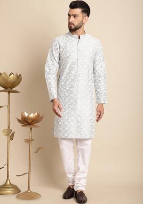 Grey Embroidered Silk Kurta Set For Men