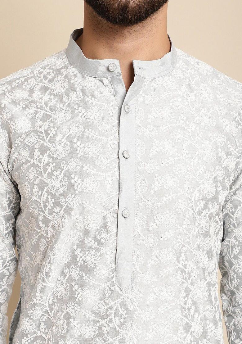 Grey Embroidered Silk Kurta Set For Men - Indya