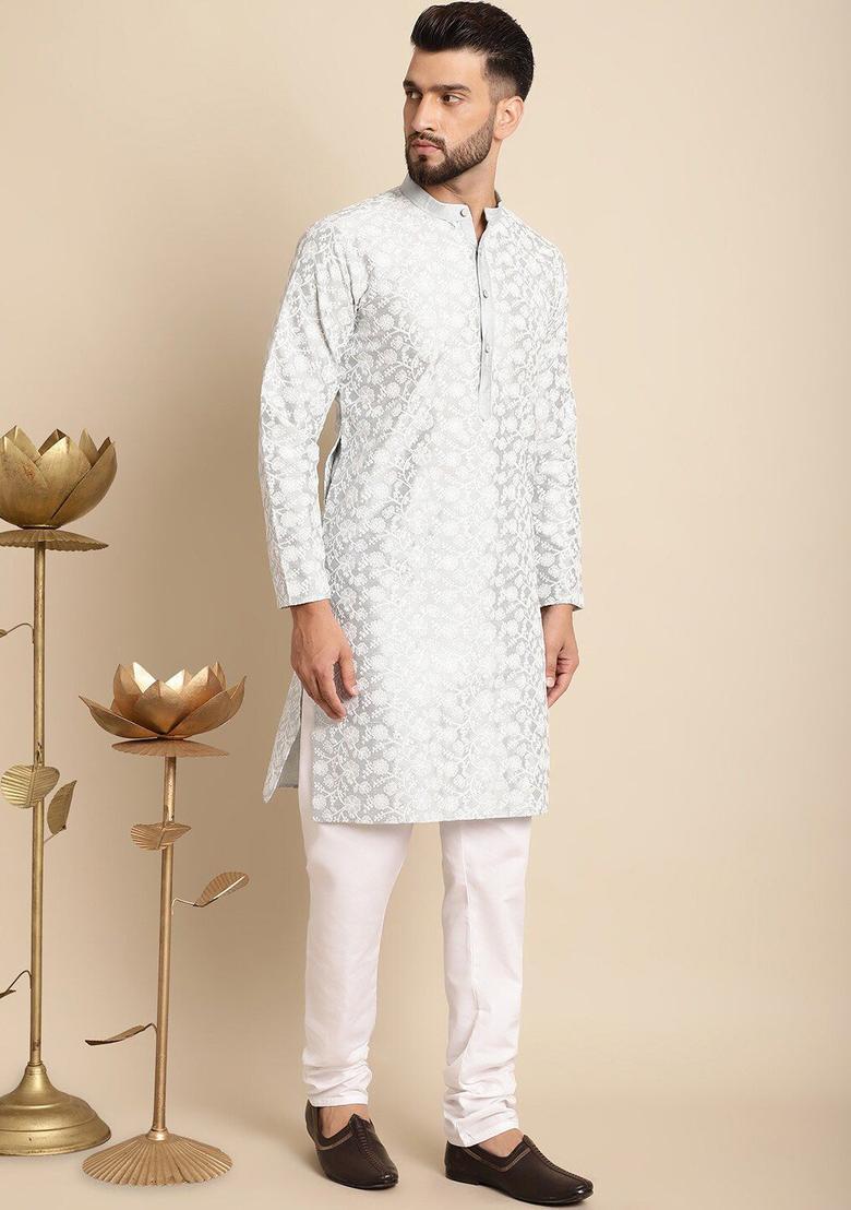 Grey Embroidered Silk Kurta Set For Men - Indya