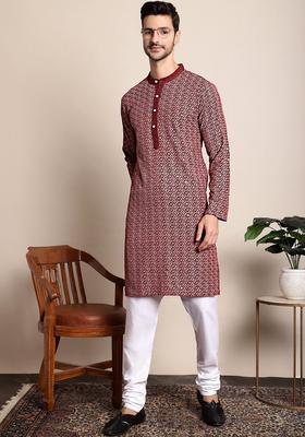 Maroon Embroidered Viscose Kurta Set For Men