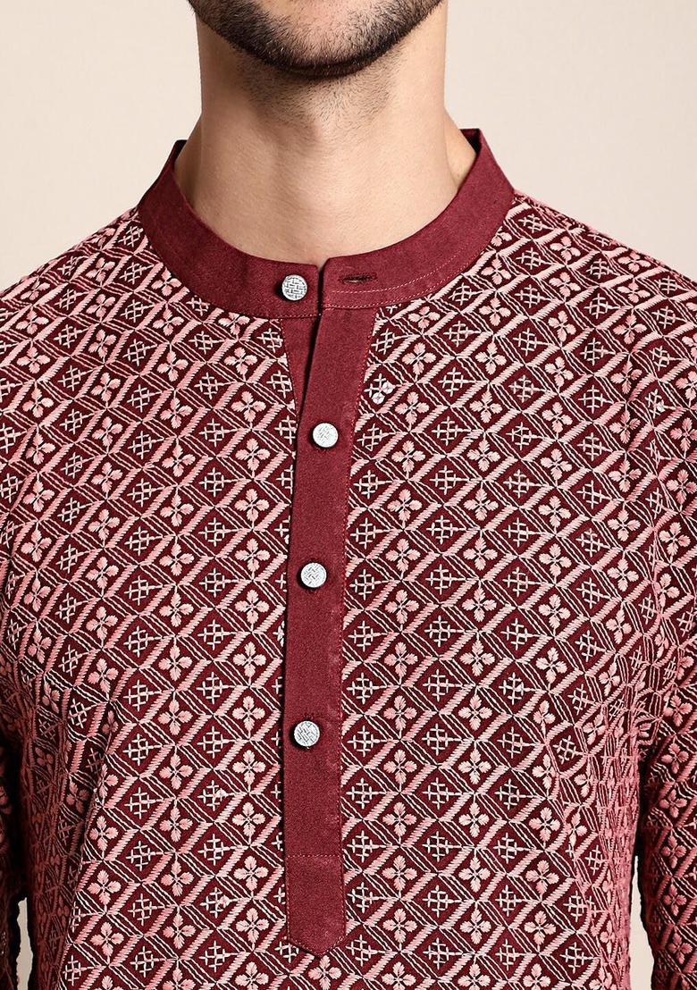 Maroon Embroidered Viscose Kurta Set For Men - Indya