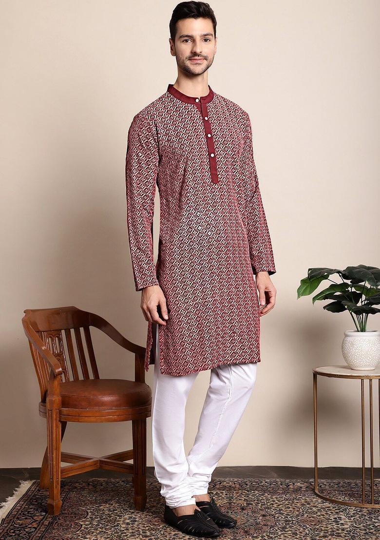Maroon Embroidered Viscose Kurta Set For Men - Indya