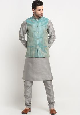 Silver Solid Silk Kurta Set For Men