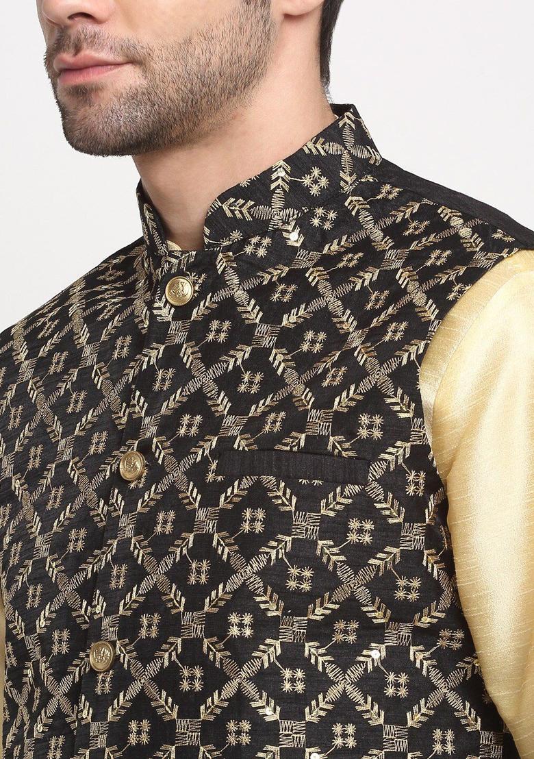 Beige Solid Silk Kurta Set For Men - Indya