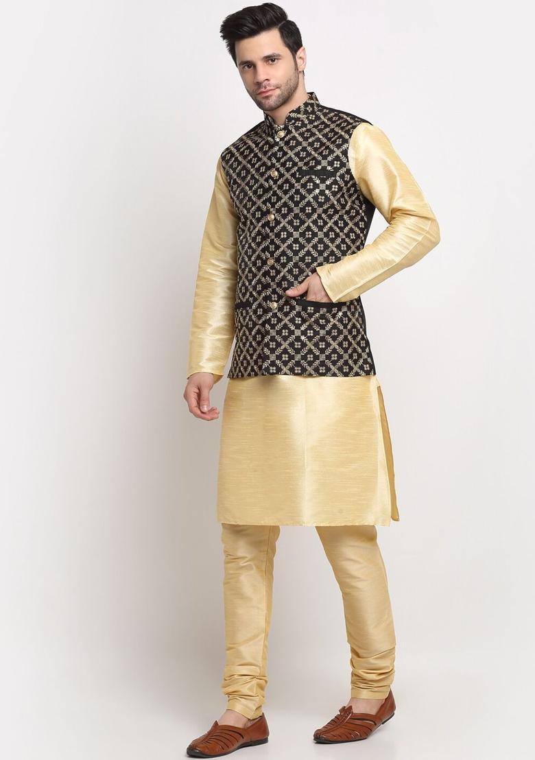 Beige Solid Silk Kurta Set For Men - Indya
