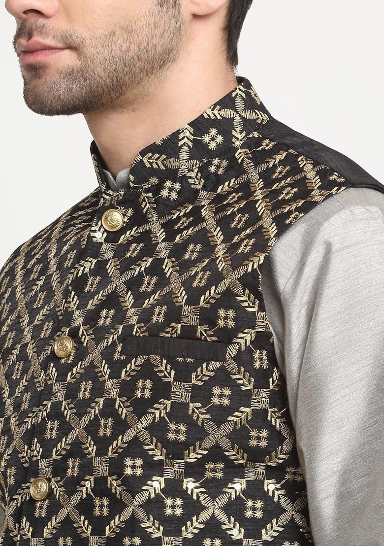Silver Solid Silk Kurta Set For Men - Indya