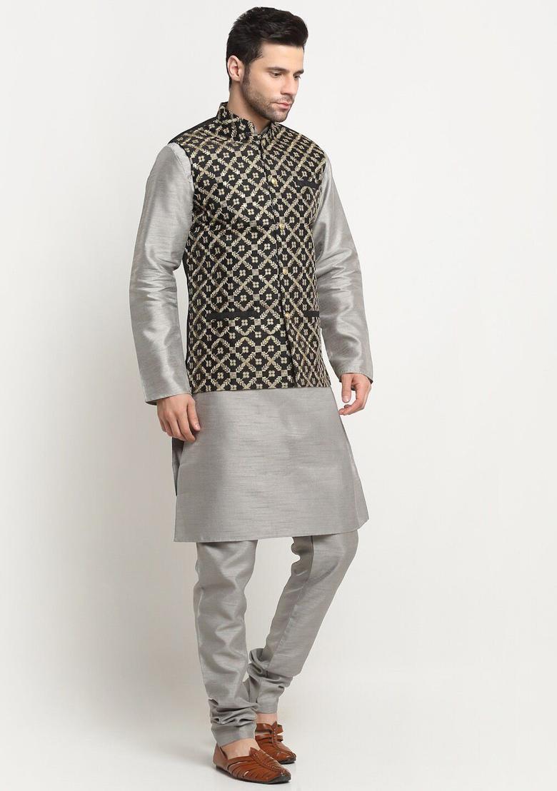 Silver Solid Silk Kurta Set For Men - Indya