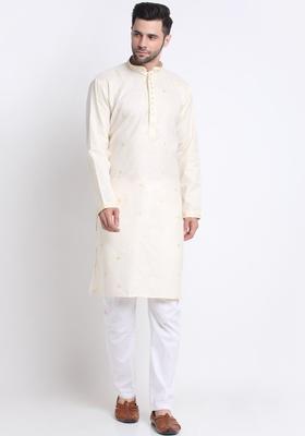 Beige Embroidered Cotton Kurta Set For Men