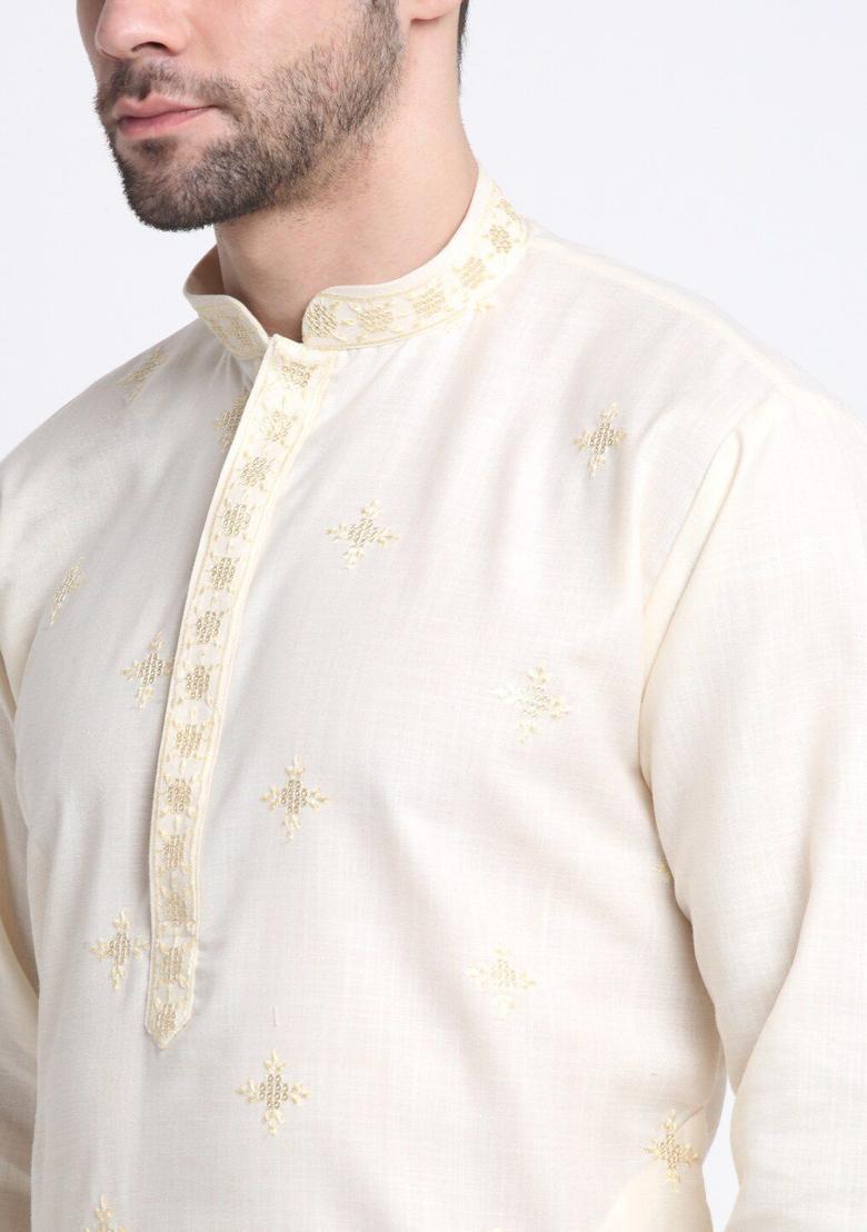 Beige Embroidered Cotton Kurta Set For Men - Indya