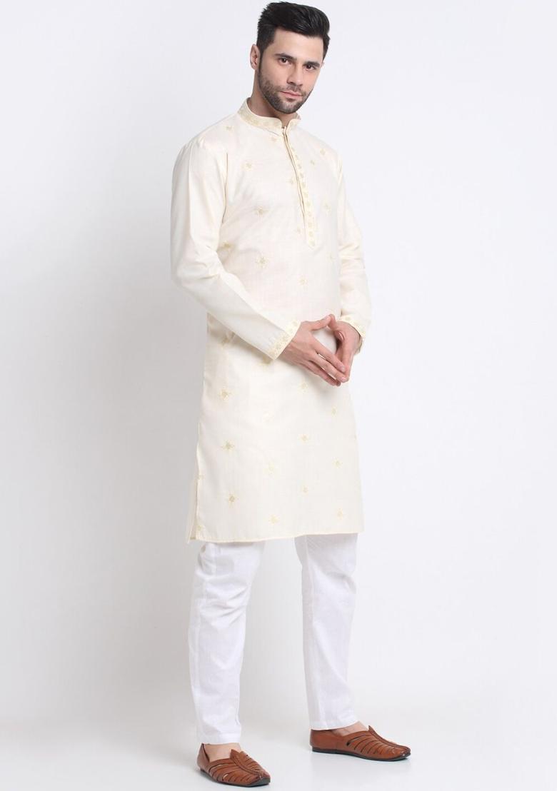 Beige Embroidered Cotton Kurta Set For Men - Indya