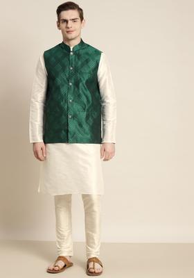 White Woven Design Silk Kurta Set For Men