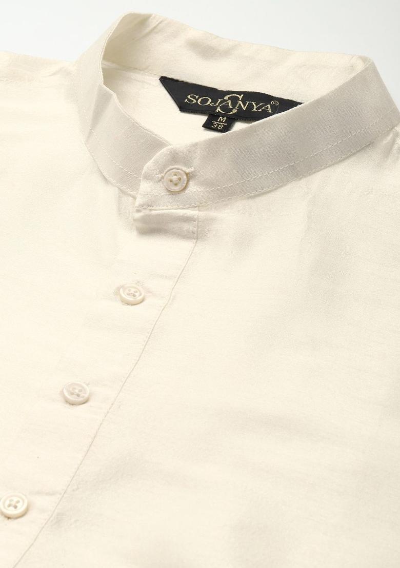 White Woven Design Silk Kurta Set For Men - Indya