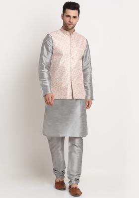 Silver Solid Silk Kurta Set For Men