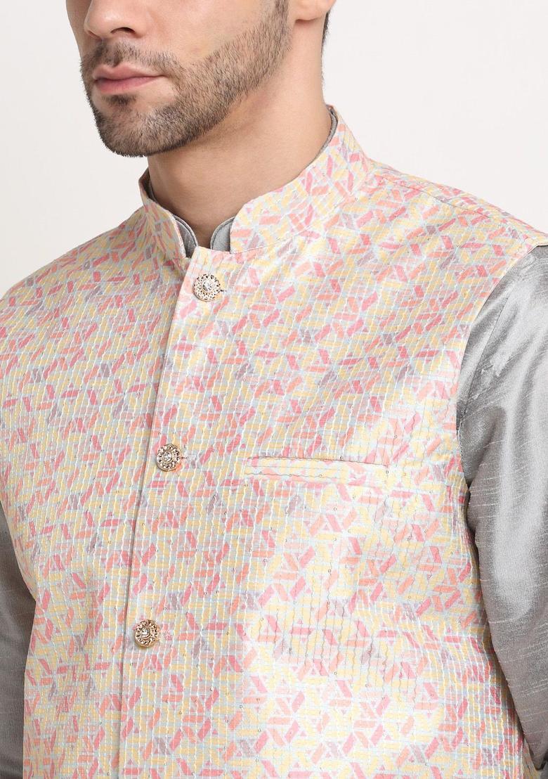 Silver Solid Silk Kurta Set For Men - Indya
