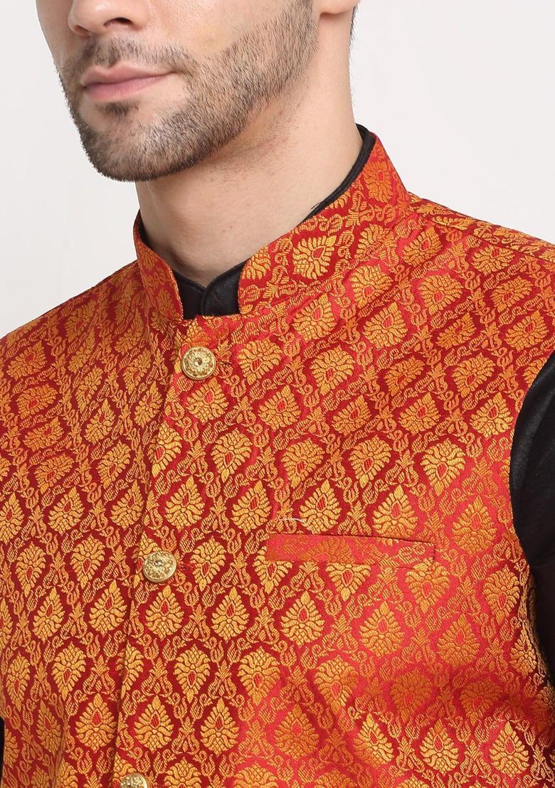 Black Solid Silk Kurta Set For Men - Indya