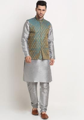 Silver Solid Silk Kurta Set For Men