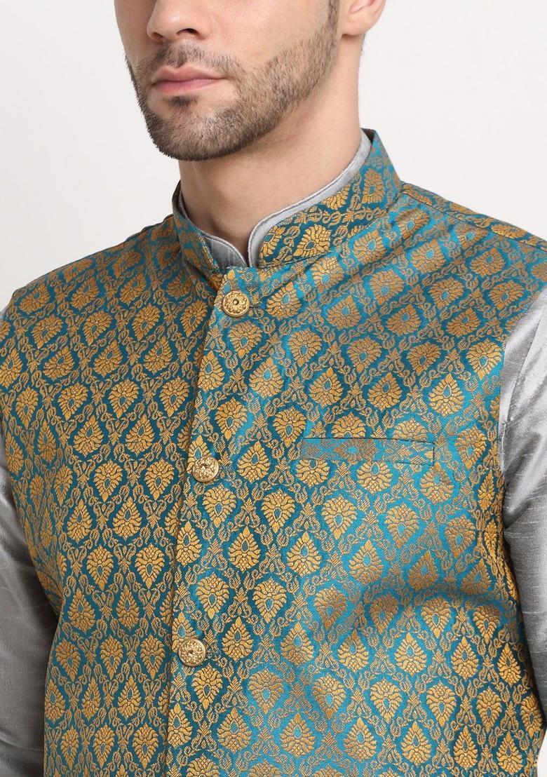 Silver Solid Silk Kurta Set For Men - Indya