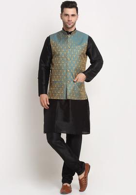 Black Woven Design Silk Kurta Set For Men