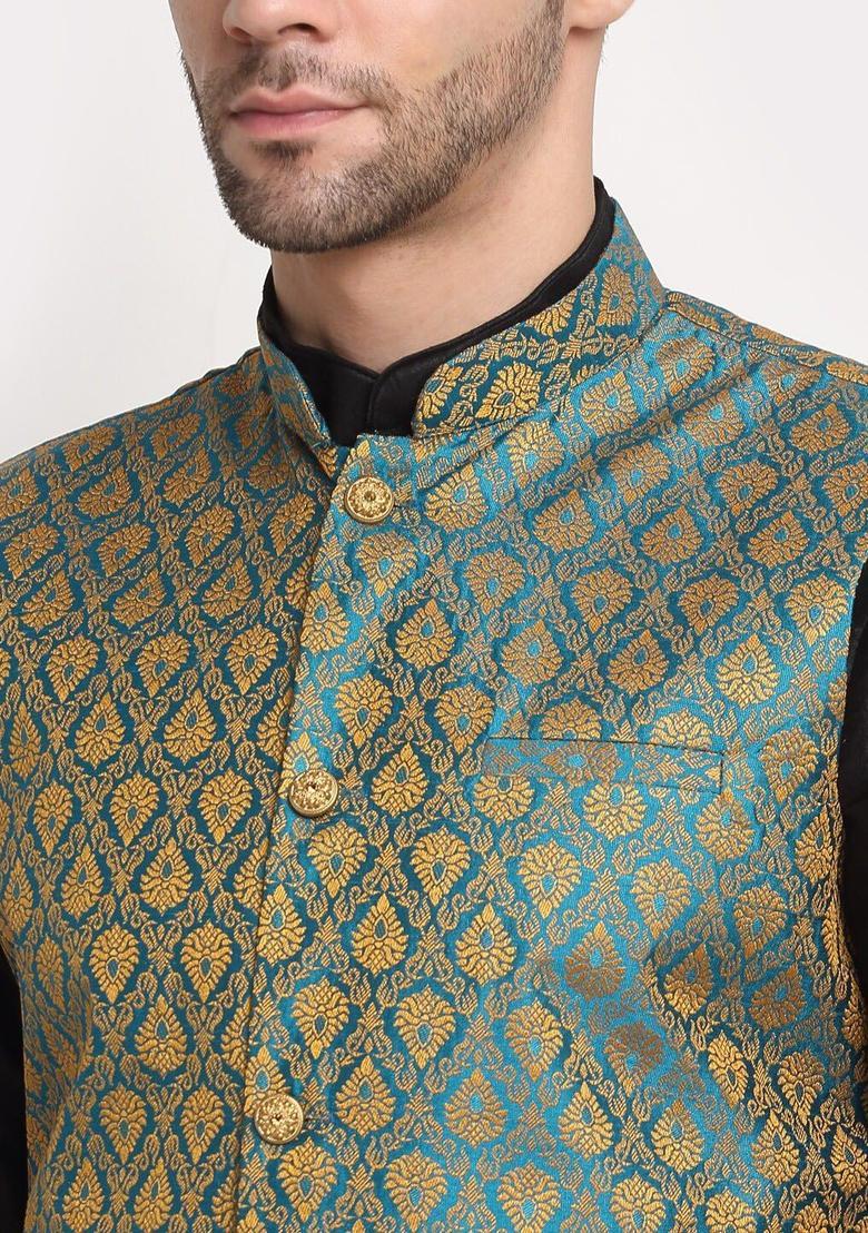 Black Woven Design Silk Kurta Set For Men - Indya