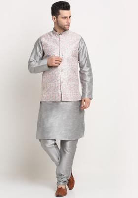 Silver Solid Silk Kurta Set For Men