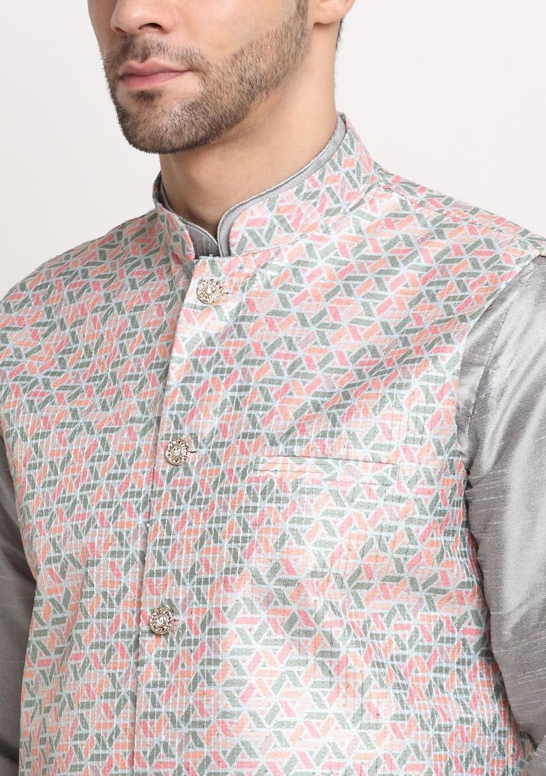 Silver Solid Silk Kurta Set For Men - Indya