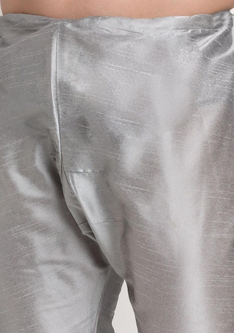 Silver Solid Silk Kurta Set For Men - Indya