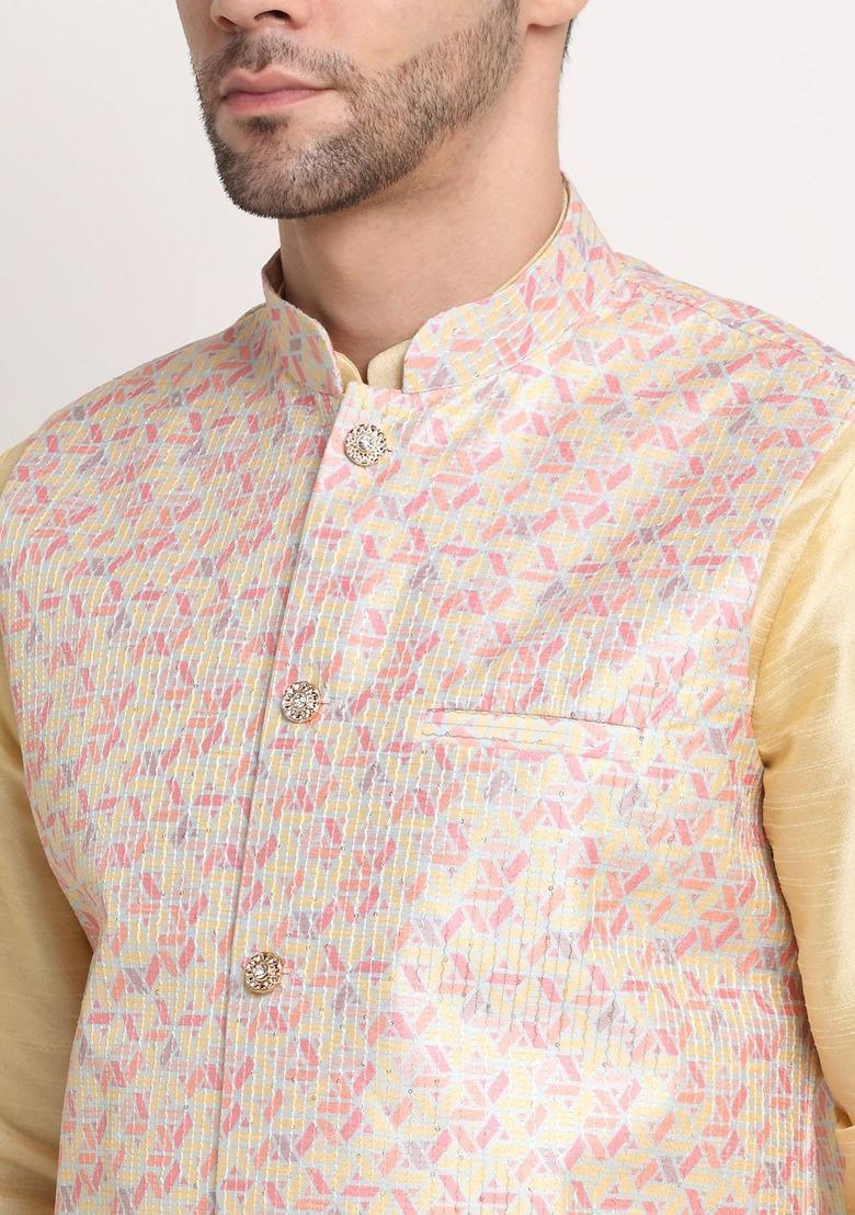 Beige Solid Silk Kurta Set For Men - Indya