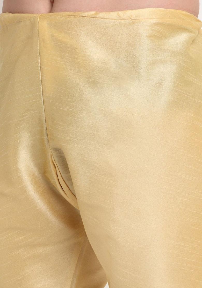 Beige Solid Silk Kurta Set For Men - Indya