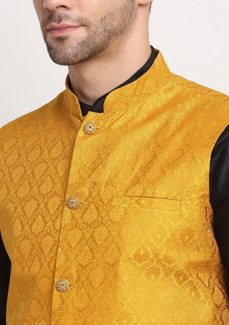 Black Solid Silk Kurta Set For Men - Indya