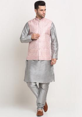 Silver Solid Silk Kurta Set For Men