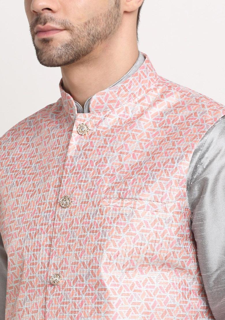 Silver Solid Silk Kurta Set For Men - Indya