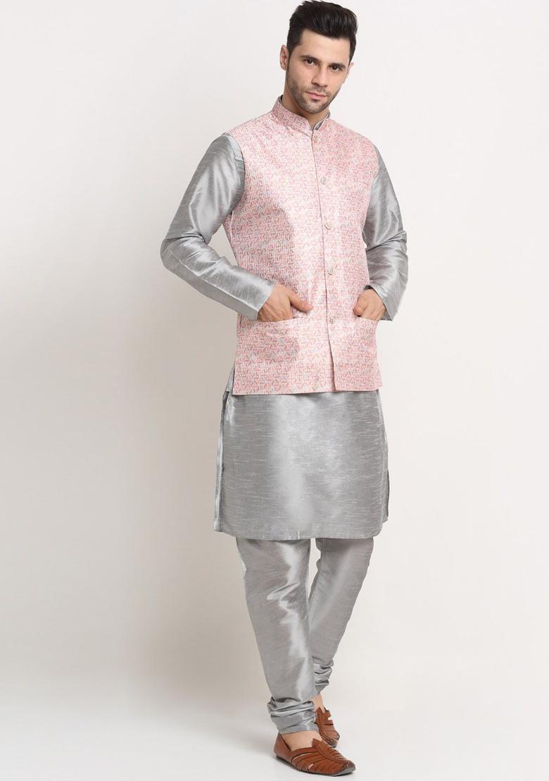 Silver Solid Silk Kurta Set For Men - Indya