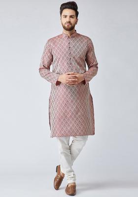 Maroon Self Design Silk Kurta Set For Men