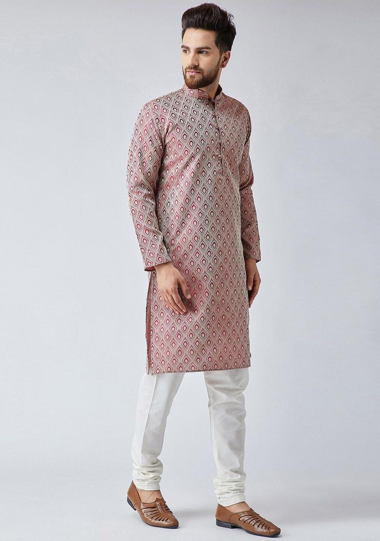 Maroon Self Design Silk Kurta Set For Men - Indya