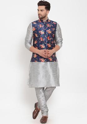 Silver Solid Silk Kurta Set For Men