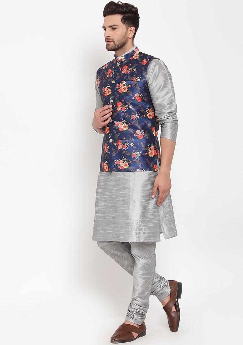 Silver Solid Silk Kurta Set For Men - Indya