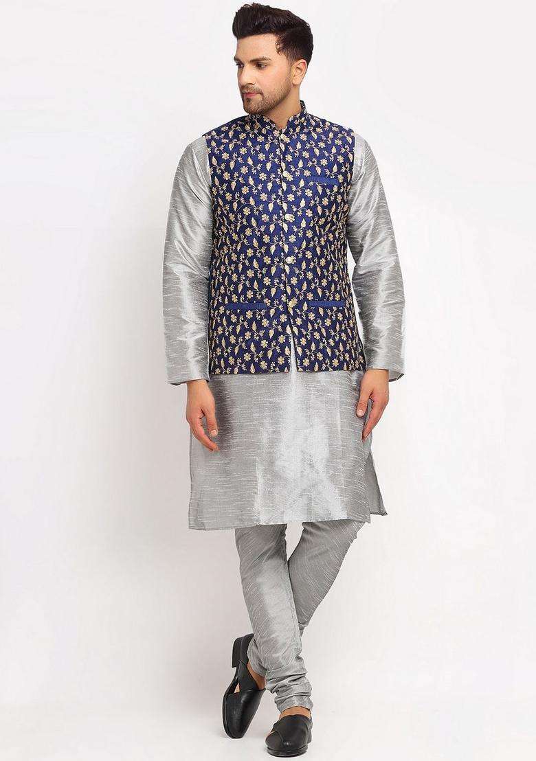 Silver Self Design Silk Blend Kurta Set For Men - Indya