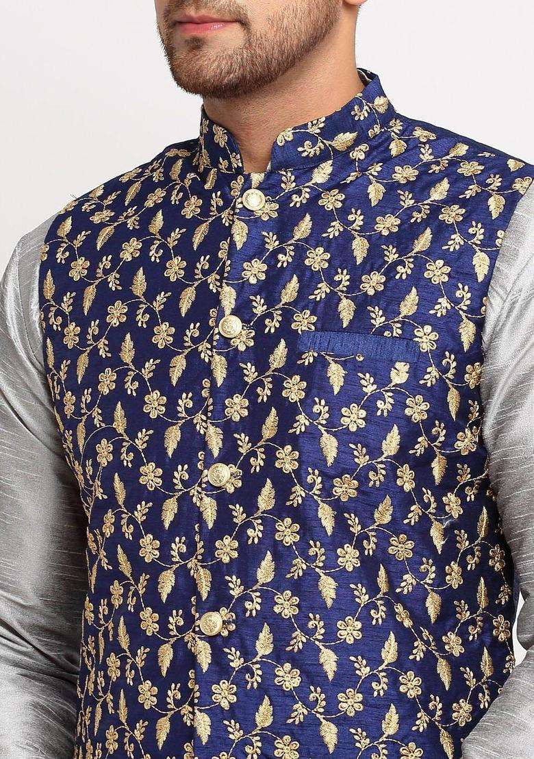 Silver Self Design Silk Blend Kurta Set For Men - Indya
