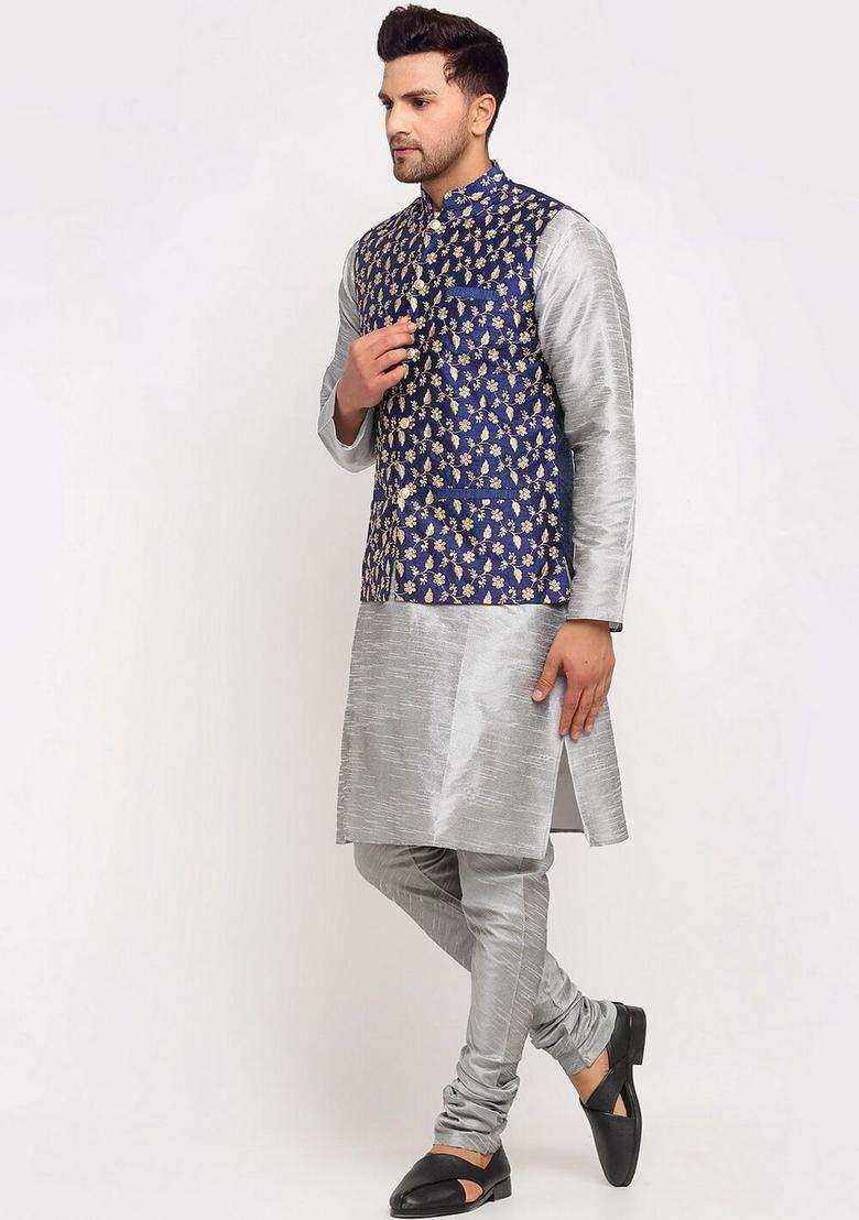 Silver Self Design Silk Blend Kurta Set For Men - Indya