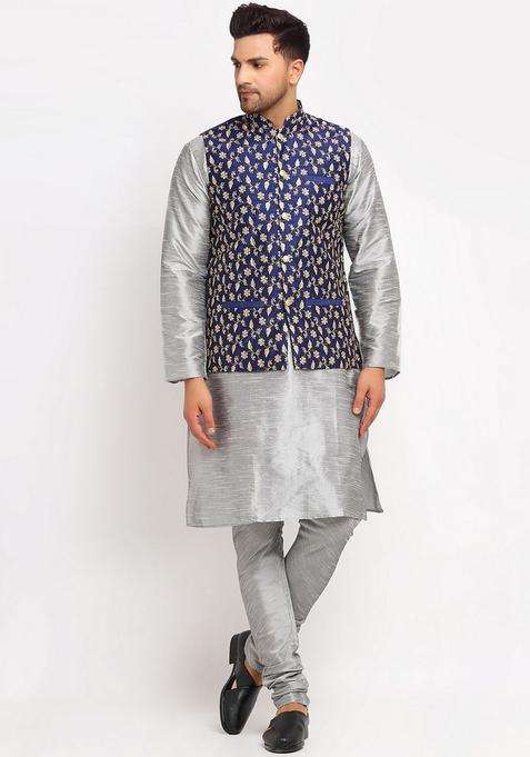 Silver Self Design Silk Blend Kurta Set For Men