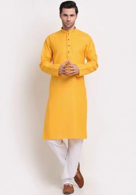 Yellow Striped Cotton Kurta Set For Men