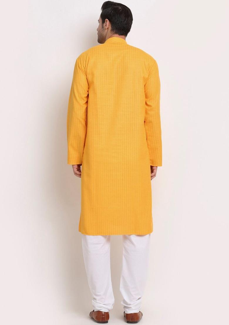 Yellow Striped Cotton Kurta Set For Men - Indya