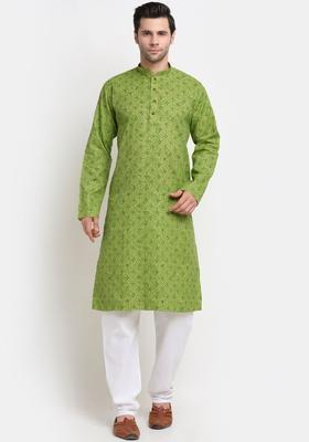 Green Self Design Cotton Kurta Set For Men