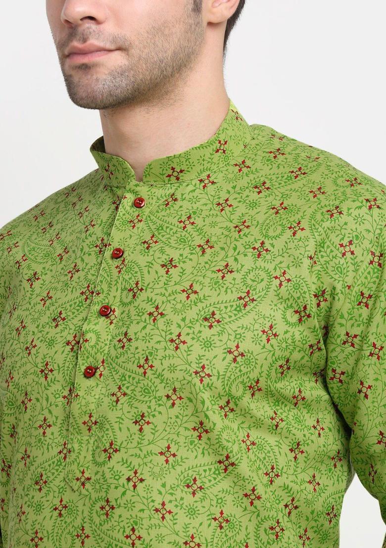Green Self Design Cotton Kurta Set For Men - Indya